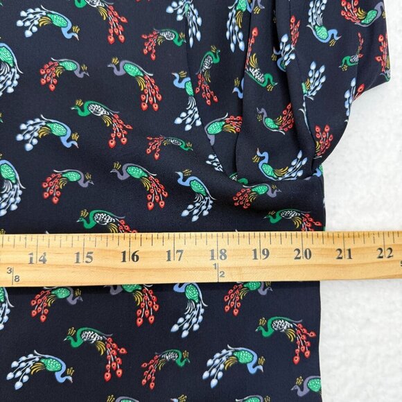 Loft Peacock Print Ruffle Neck Blouse Button Up Long Sleeve Navy Blue Size M - Picture 10 of 12